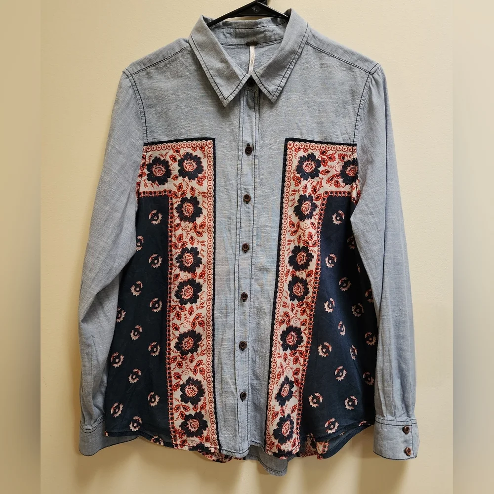Free People Bandana Chambray Western Shirt Button-up Size Medium